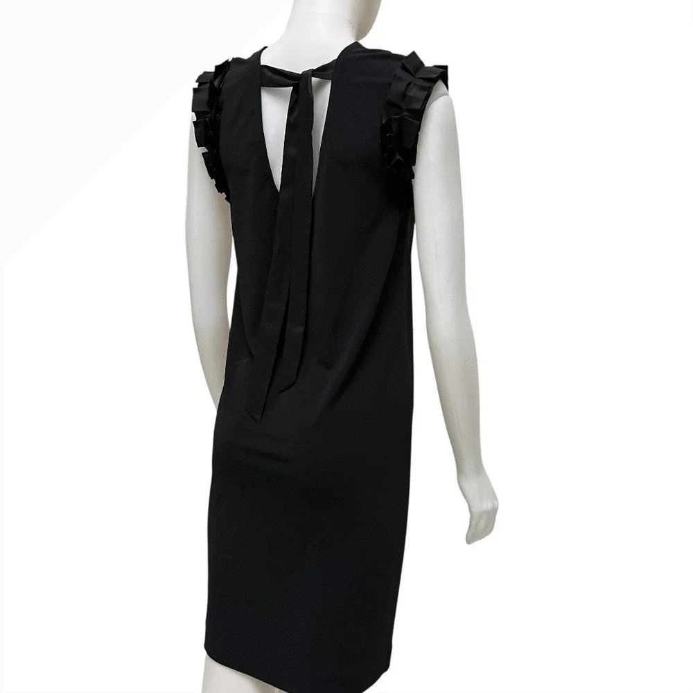 Tory Burch Black Ruffle Shoulder Bow Back Shift Dress Old Money Chic LBD‎ Sz S/P